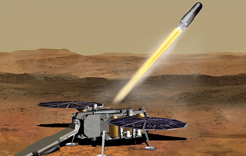 طرحی گرافیکی و نمادین از موشکی که در حال جدایی از مریخ برای بازگردانی نمونه‌های جمع‌آوری شده از آن به زمین است.