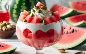 یک جام پر از پودینگ هندوانه با تزئین خامه و پسته که مناسب روزهای گرم تابستان است در تصویر است