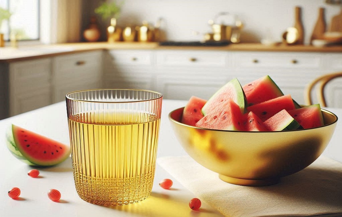 جوشانده تخمه هندوانه درون یک لیوان شیشه‌ای بالبه طلایی درون یک آشپزخانه با دکور سفید و بزرگ است
