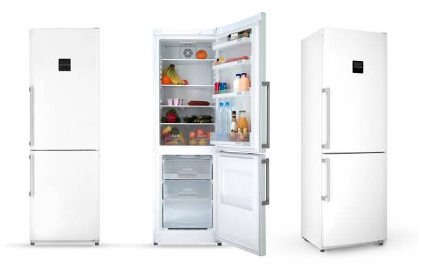 modern household refrigerator with food, three angles, isolated.