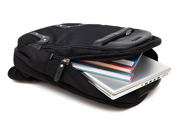 backpack with a laptop and books on white background