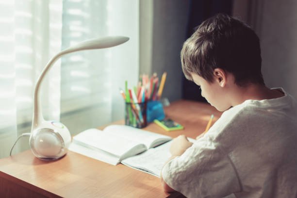 Young little kid doing homework or learning at home